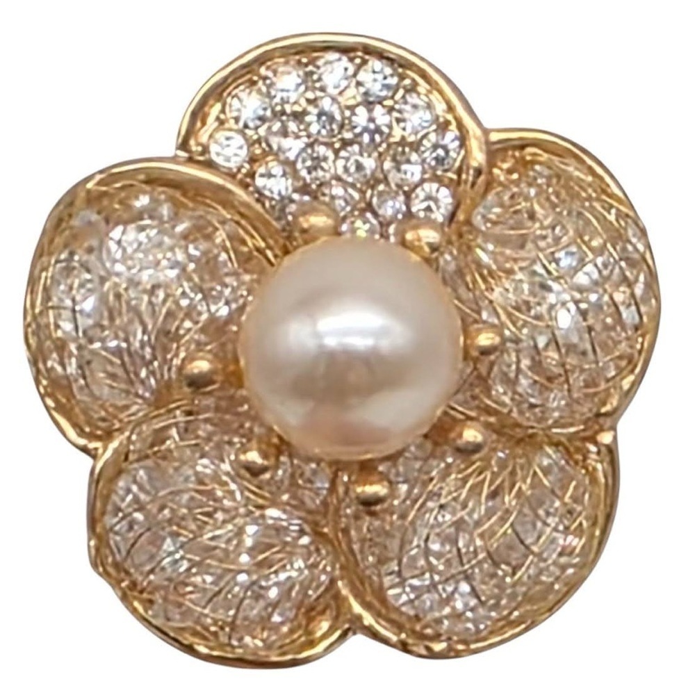 Floating Crystal Mesh Flower Ring Gold Pavé CZ Petal Pearl Statement Luxury